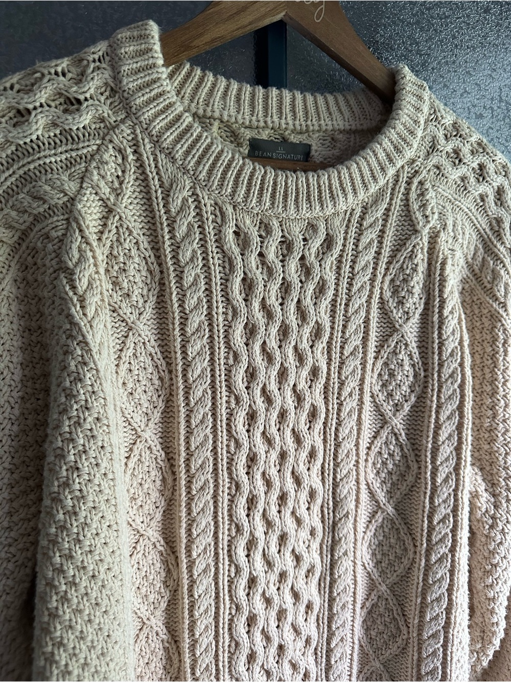 L.L. Bean Signature Cream Cable-Knit Crewneck Sweater - Picture 3 of 4